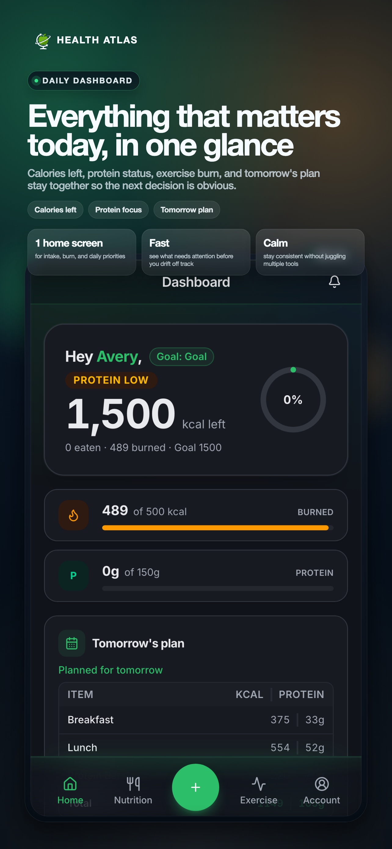 Health Atlas dashboard showing calories, macros, activity, and daily progress.