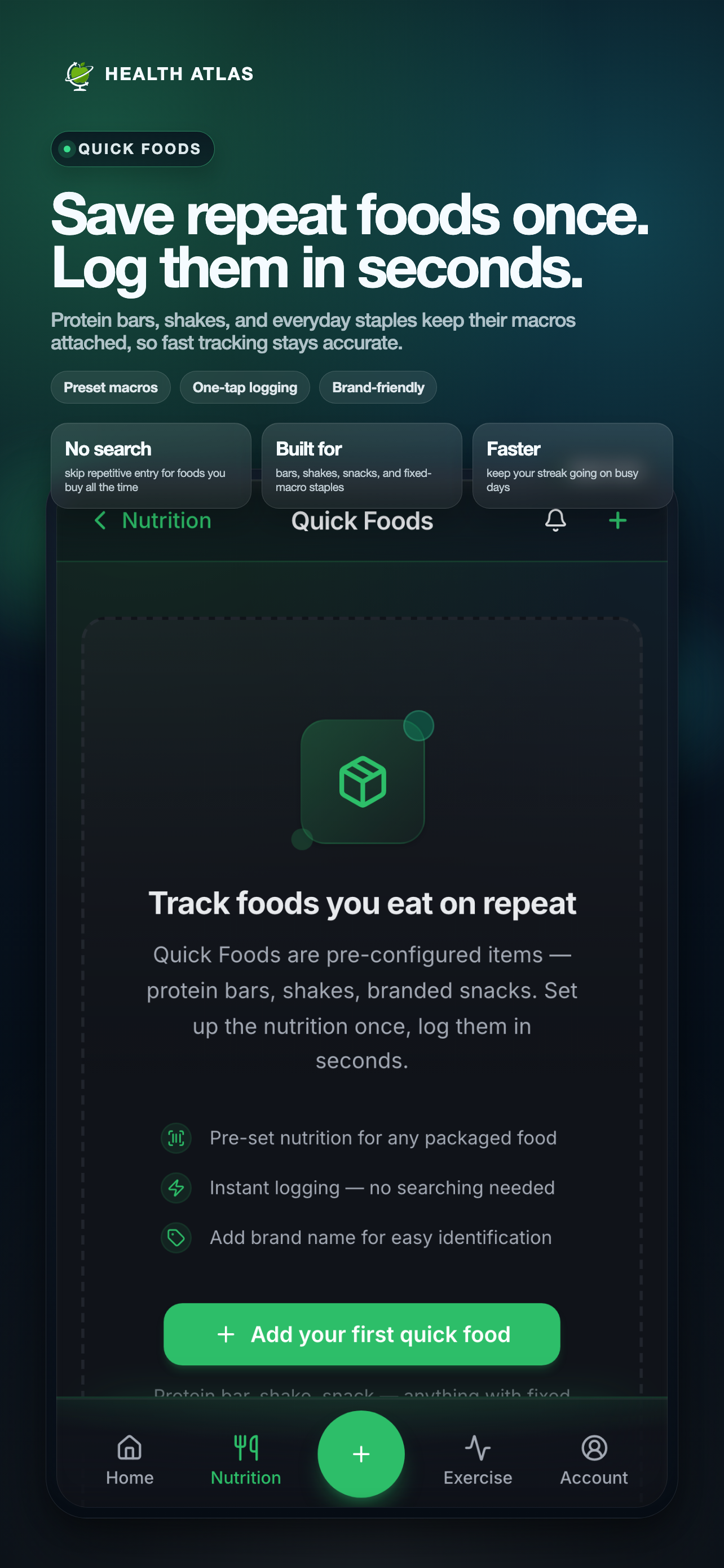 Health Atlas nutrition logging screens with saved foods, recipes, and reusable meals.