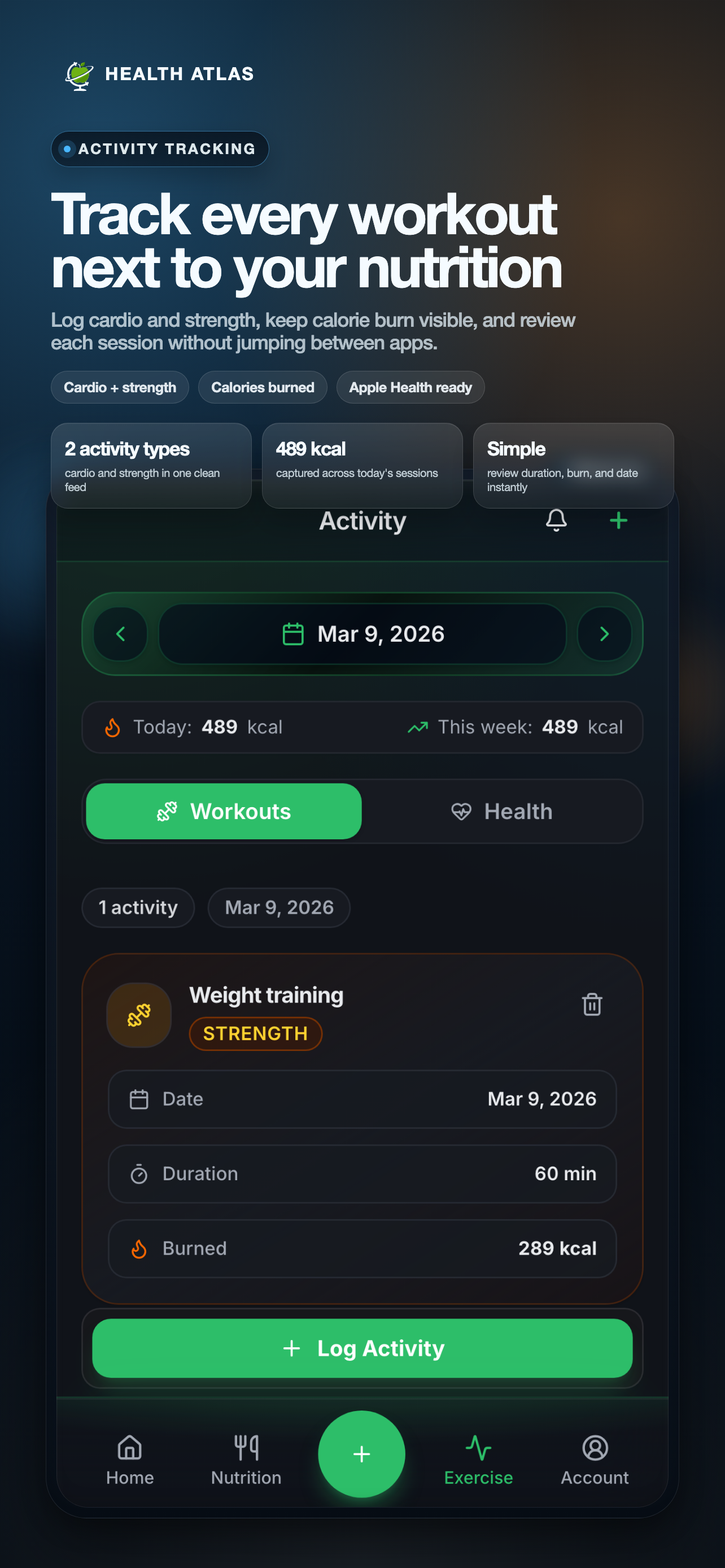Health Atlas health trend screens for sleep, heart, workouts, and longer-term progress.