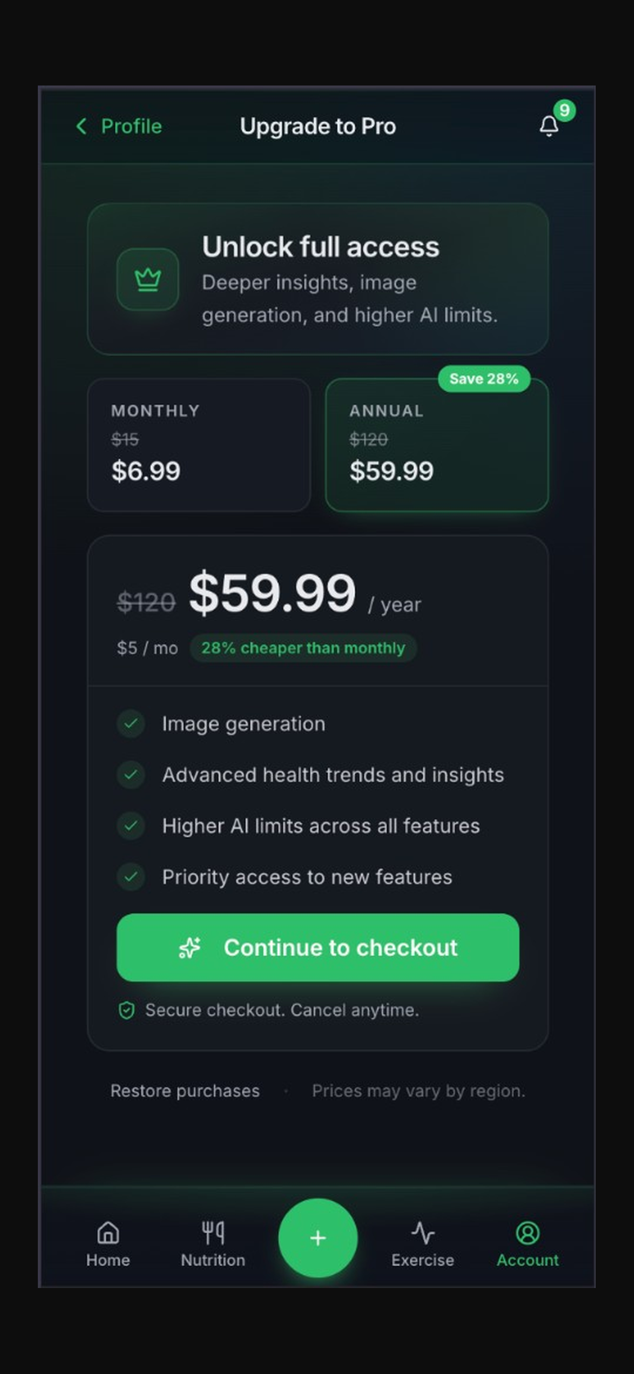 Health Atlas review screen combining nutrition progress with health context and saved actions.