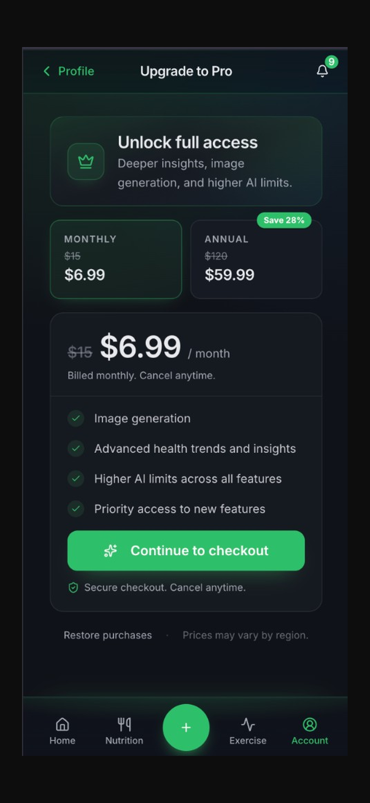 Health Atlas monthly review screen with nutrition and activity progress over time.